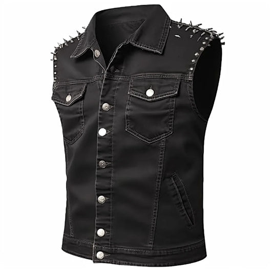 Gilet en jean vintage punk sans manches pour homme avec rivets