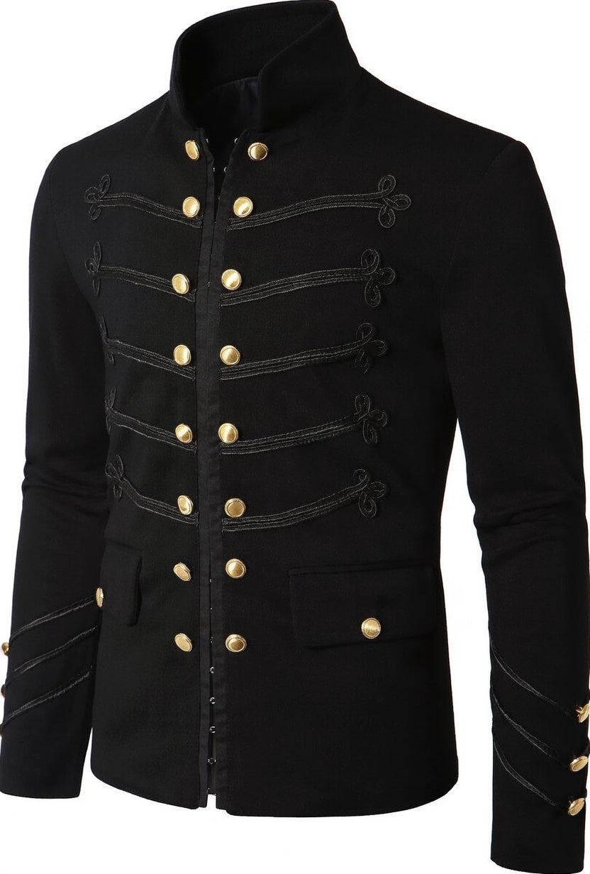 Men's Black Cropped Napoleon Military Jacket - High Stand Collar Braided Trim Gold Buttons Short Blazer