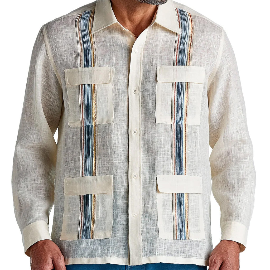 Multi-Stripe Linen Guayabera Shirt