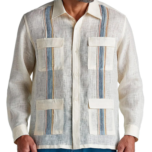 Multi-Stripe Linen Guayabera Shirt