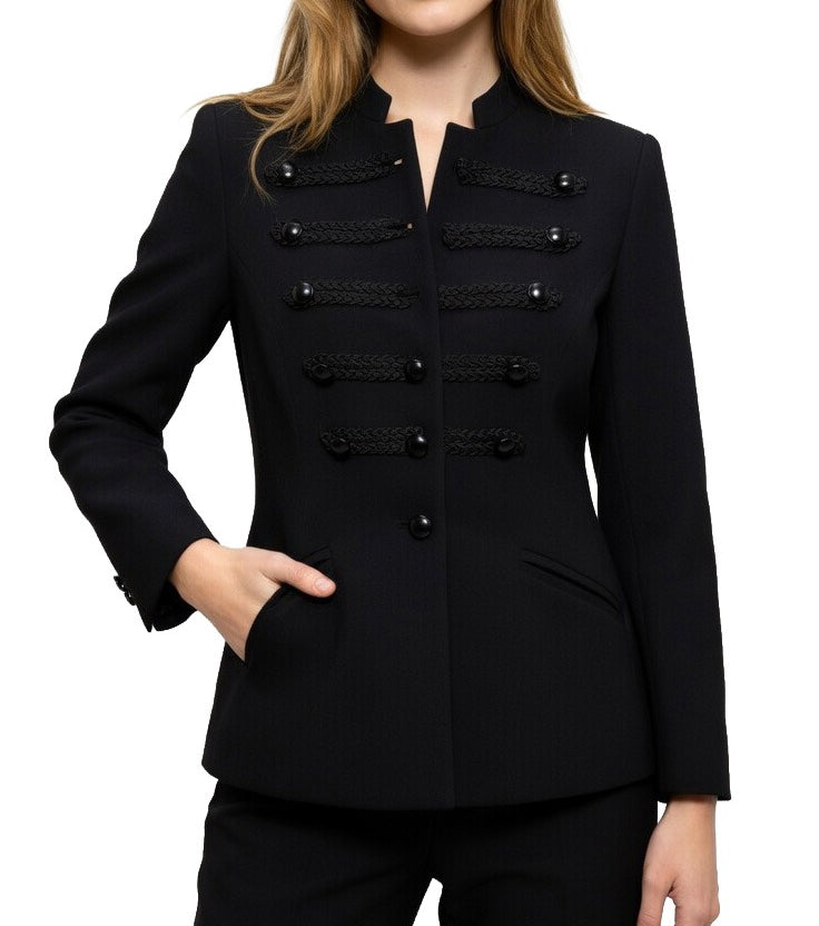 Women's Black Double Breasted Military Blazer Jacket - Braided Trim Stand Collar Structured Blazer