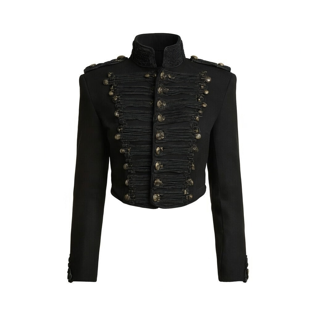 Women's Vintage Black Cropped Napoleon Military Jacket - High Stand Collar Braided Front Gold Buttons Short Blazer