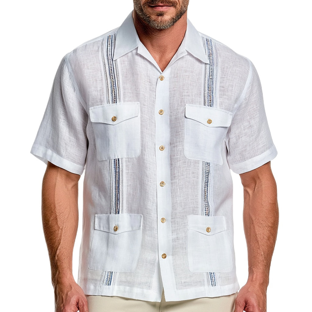 White Linen Guayabera Shirt with Blue Stripes