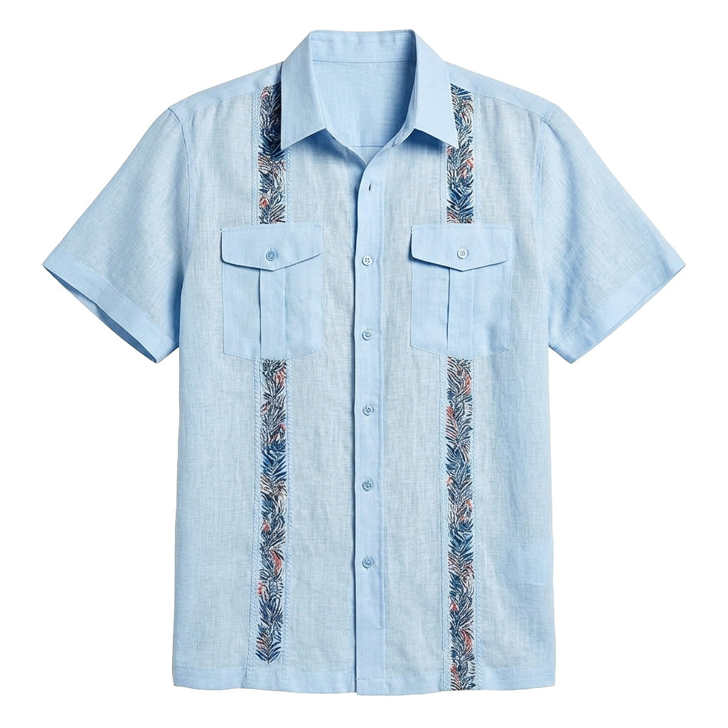 100% Linen Printed-Panel Guayabera Shirt