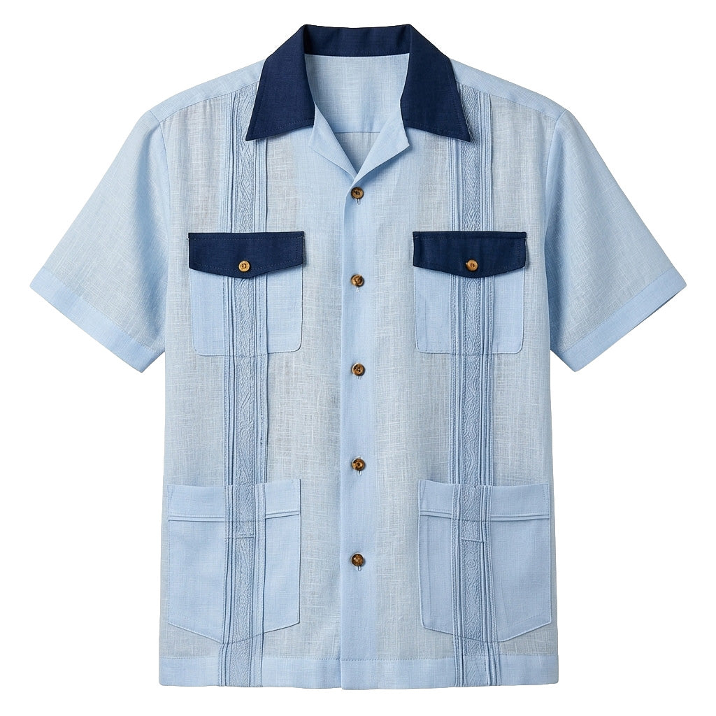 Two-Tone 4-Pocket Linen Guayabera Shirt
