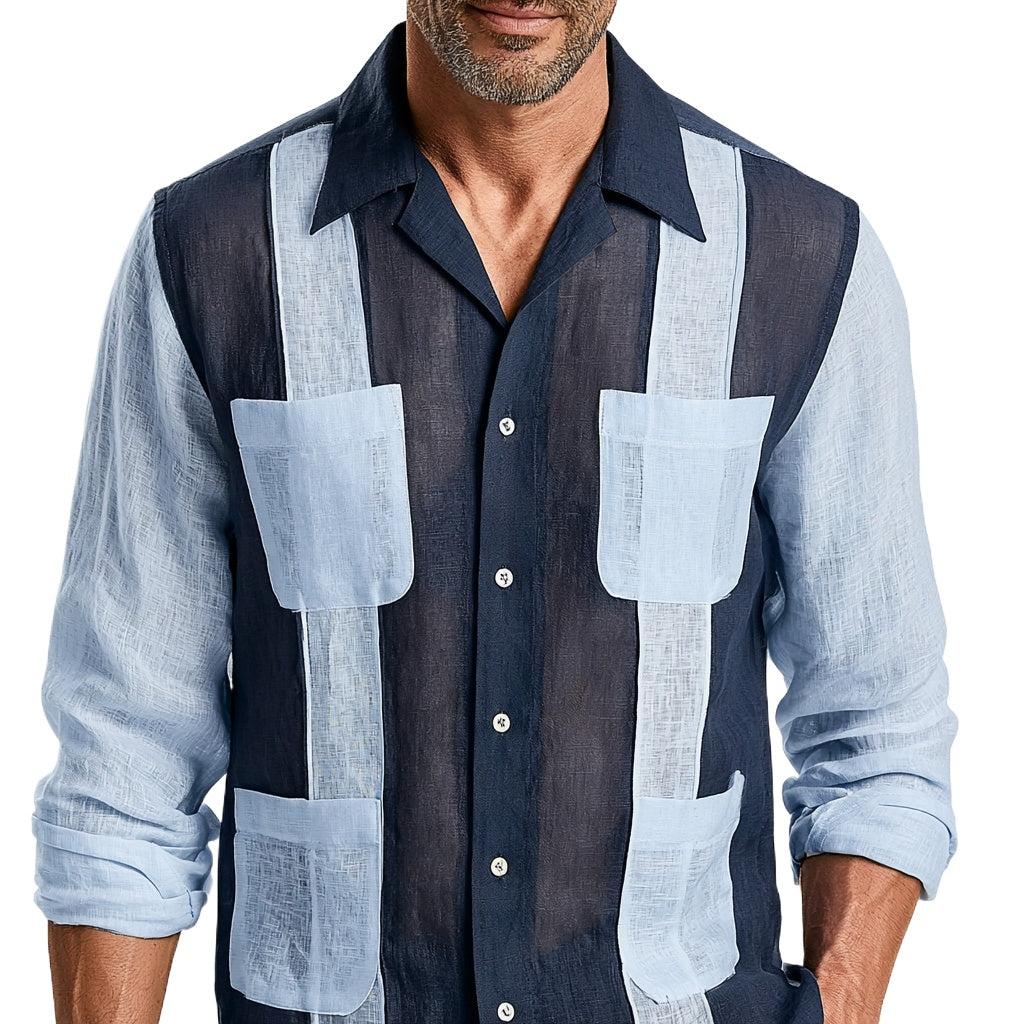 Navy Blue Guayabera Shirt with Light Blue Panels