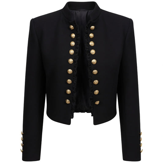 Women's Black Cropped Napoleon Military Jacket - Structured Shoulders Ruffled Braided Front Gold Buttons Short Blazer