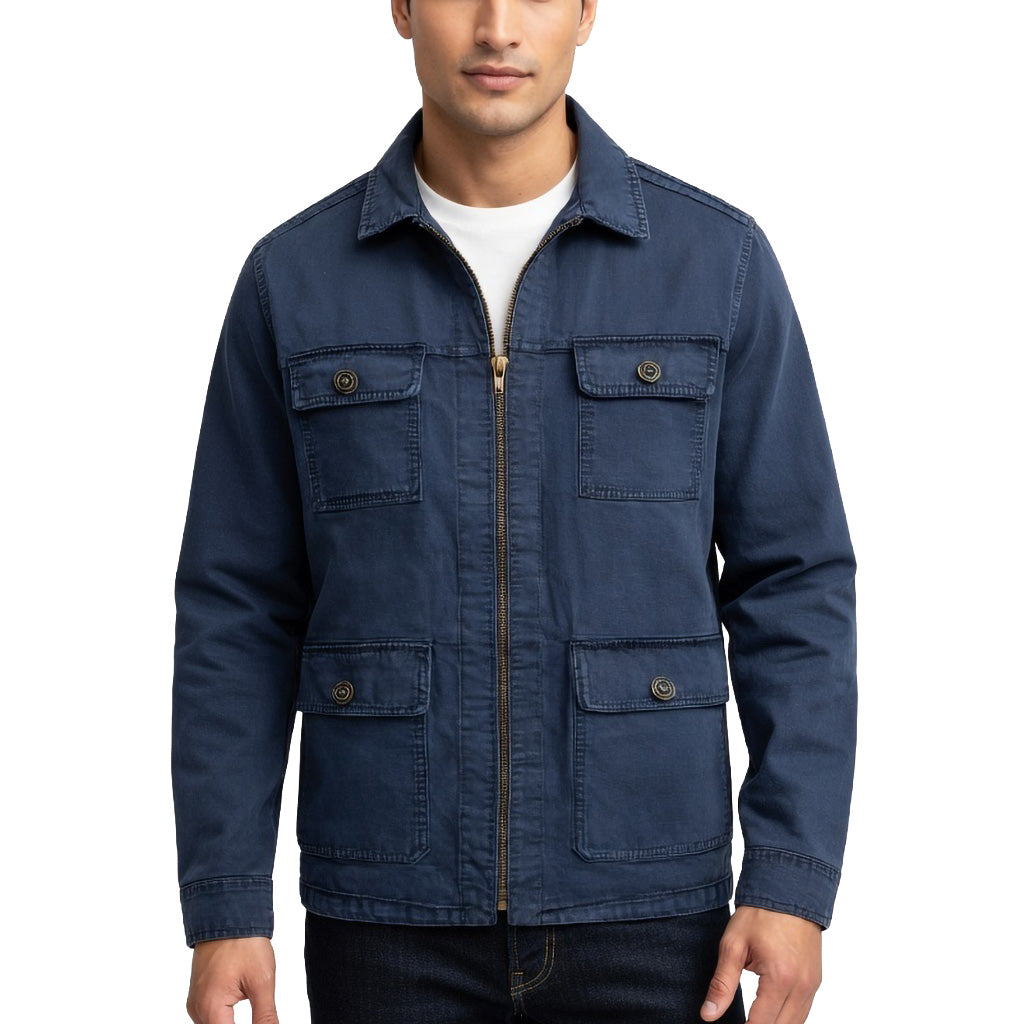 Men's Navy Cotton Utility Jacket - Zip Front Workwear Field Coat