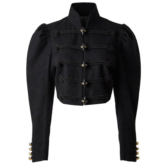 Black Cropped Napoleon Style Jacket for Women – Puff Shoulders, Braided Front & Metal Buttons