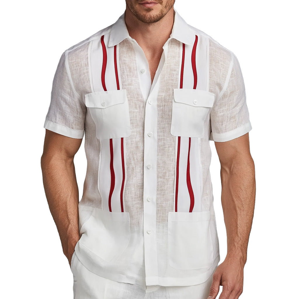 White Linen Guayabera Shirt with Red Stripes