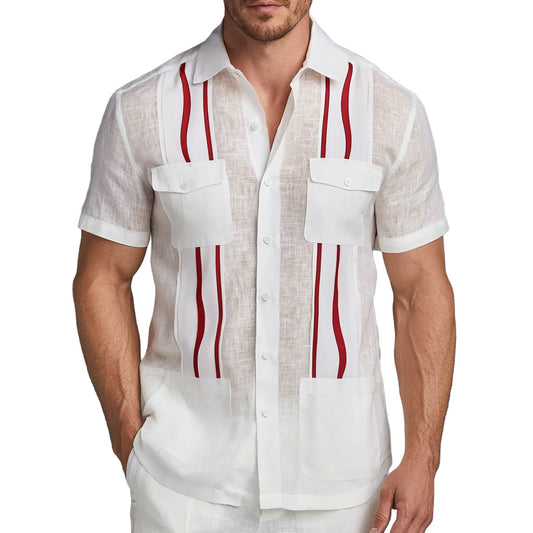 White Linen Guayabera Shirt with Red Stripes