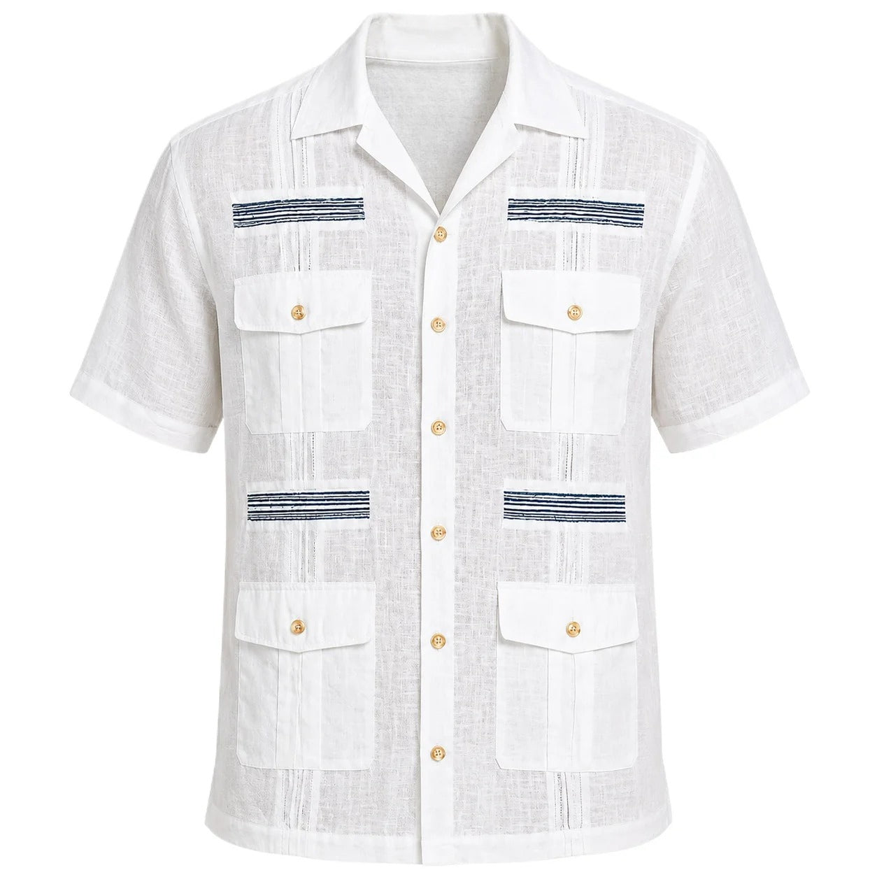 White Linen Guayabera Shirt with Navy Trim