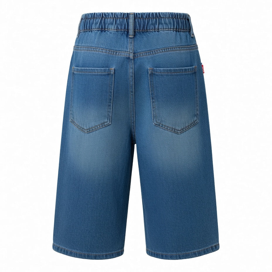 Women's Blue Denim Bermuda Shorts - Elastic Back Waist Relaxed Fit Jorts with Distressed Details