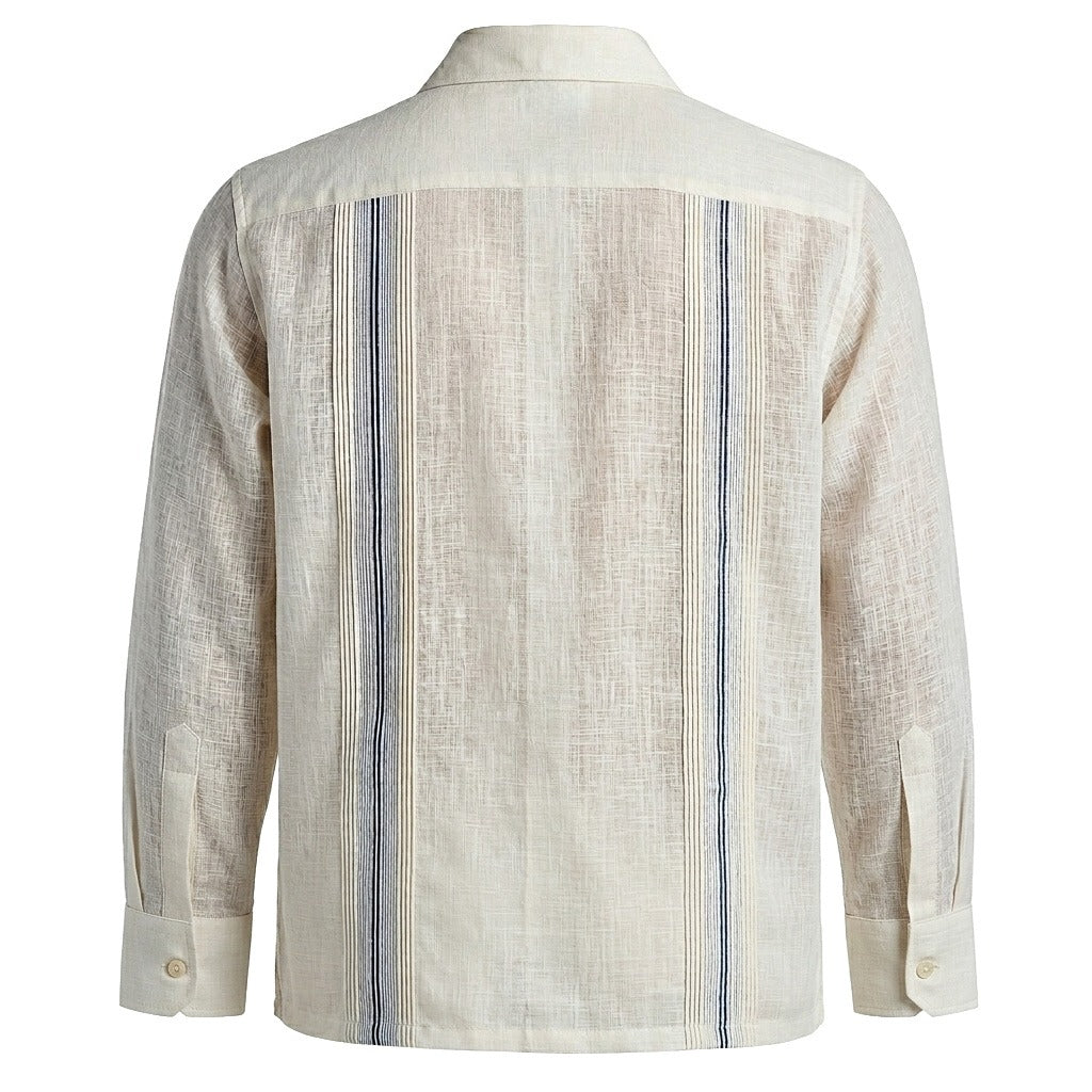 Ivory Linen Guayabera Shirt with Navy Stripes