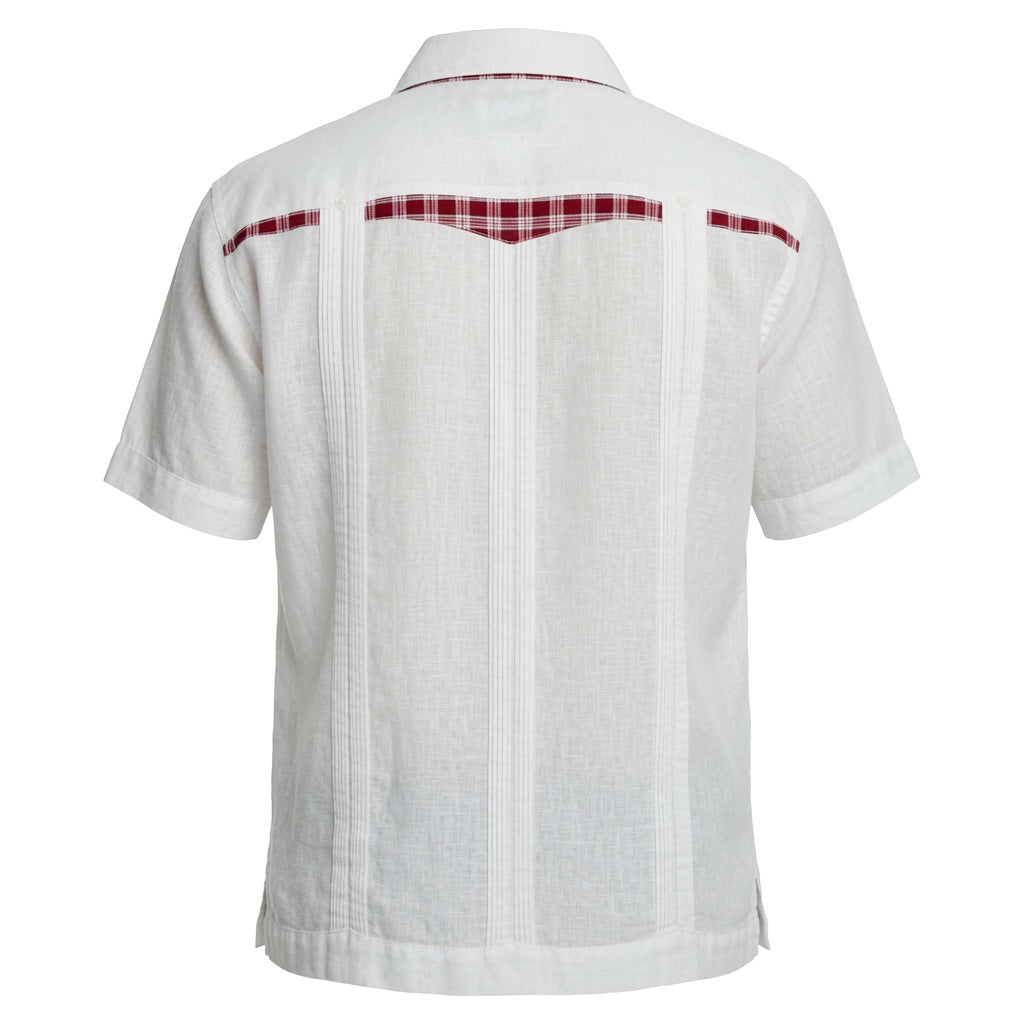 White Linen Guayabera Shirt with Red Plaid Detail