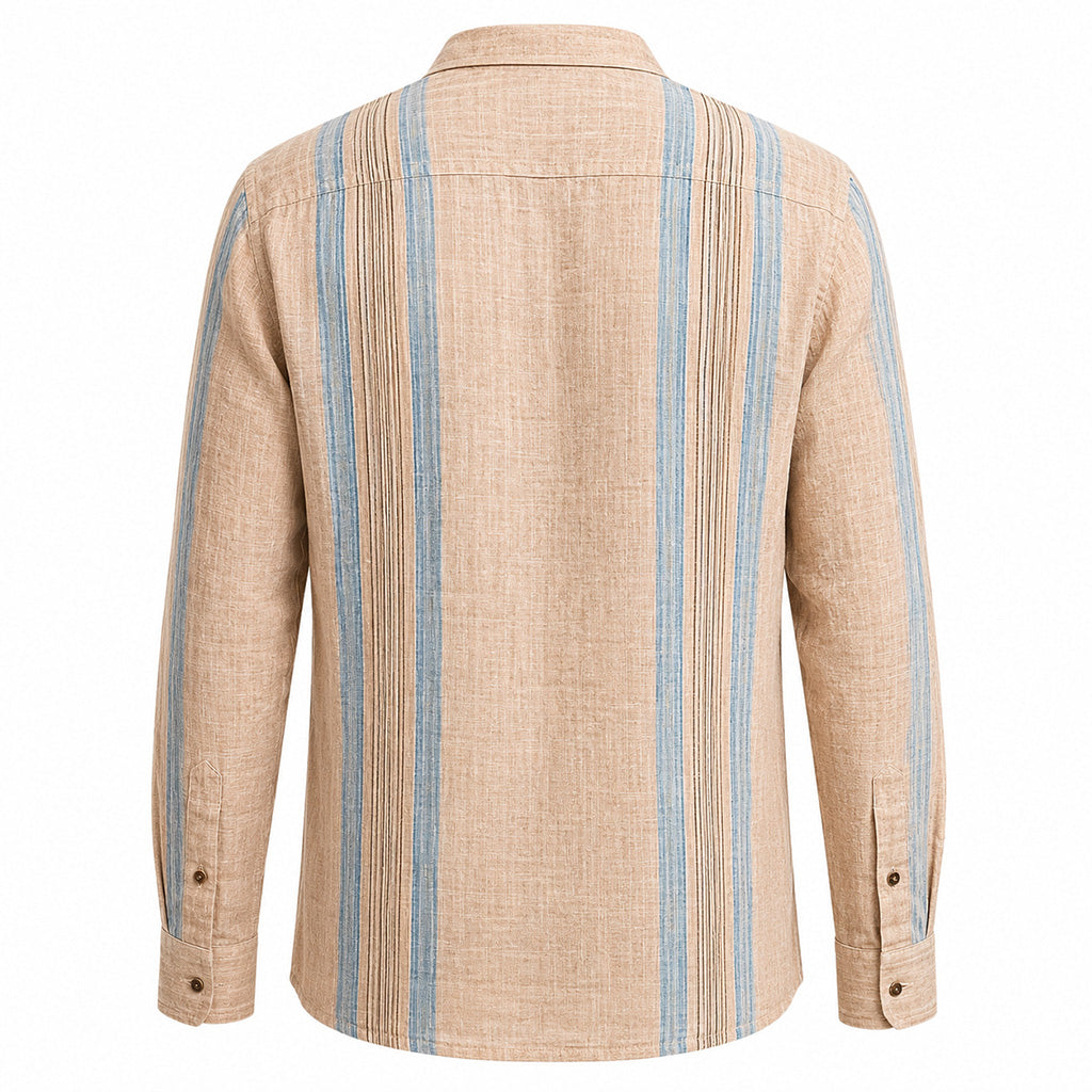 Sand Linen Guayabera Shirt with Blue Stripes
