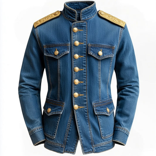 Men's Blue Denim Napoleon Military Jacket - Stand Collar Gold Epaulets Braided Trim Short Blazer