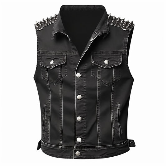 Gilet en jean vintage punk sans manches pour homme avec rivets