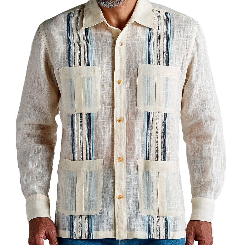 Multi-Stripe Linen Guayabera Shirt