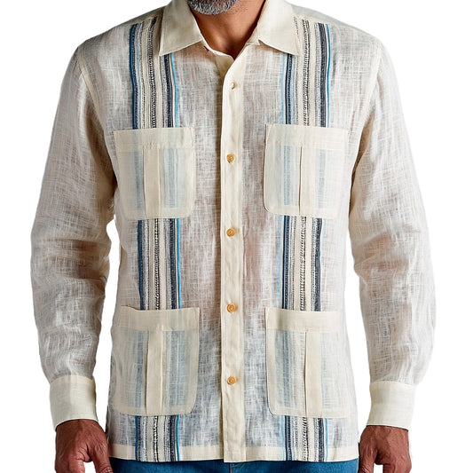 Multi-Stripe Linen Guayabera Shirt