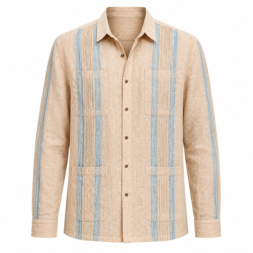 Sand Linen Guayabera Shirt with Blue Stripes
