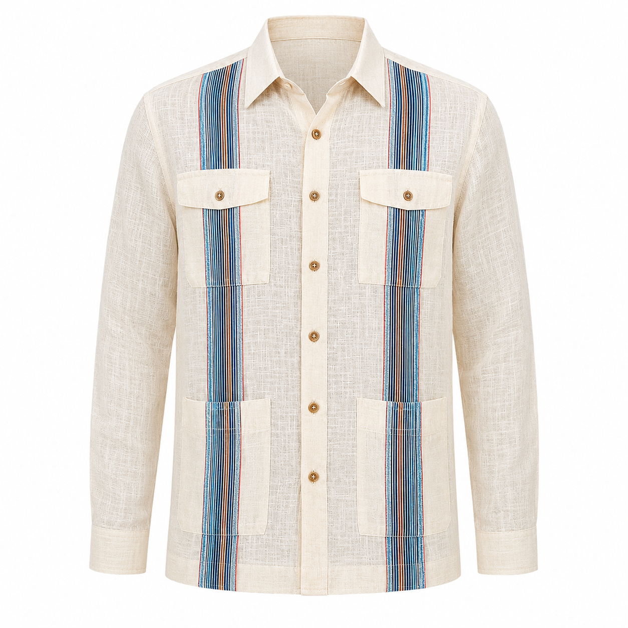Multi-Stripe Linen Guayabera Shirt