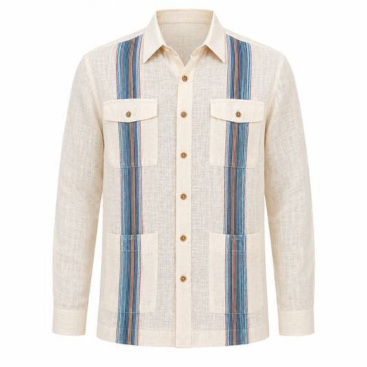 Multi-Stripe Linen Guayabera Shirt