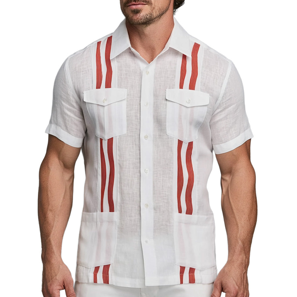 White Linen Guayabera Shirt with Red Red Wave Stripes