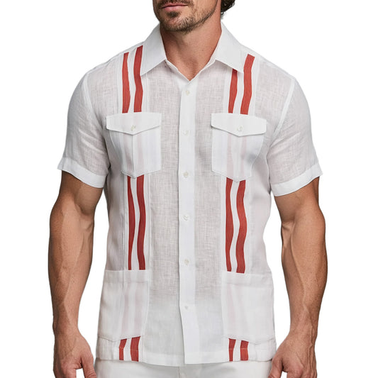 White Linen Guayabera Shirt with Red Red Wave Stripes