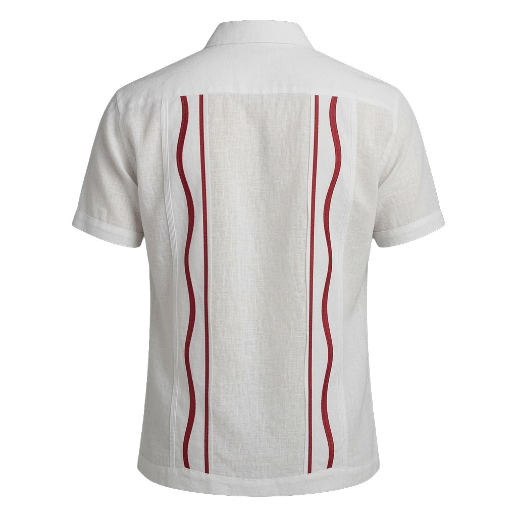 White Linen Guayabera Shirt with Red Stripes