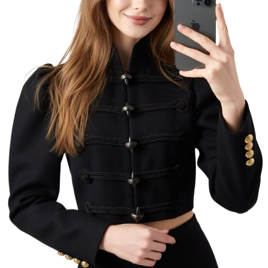 Black Cropped Napoleon Style Jacket for Women – Puff Shoulders, Braided Front & Metal Buttons