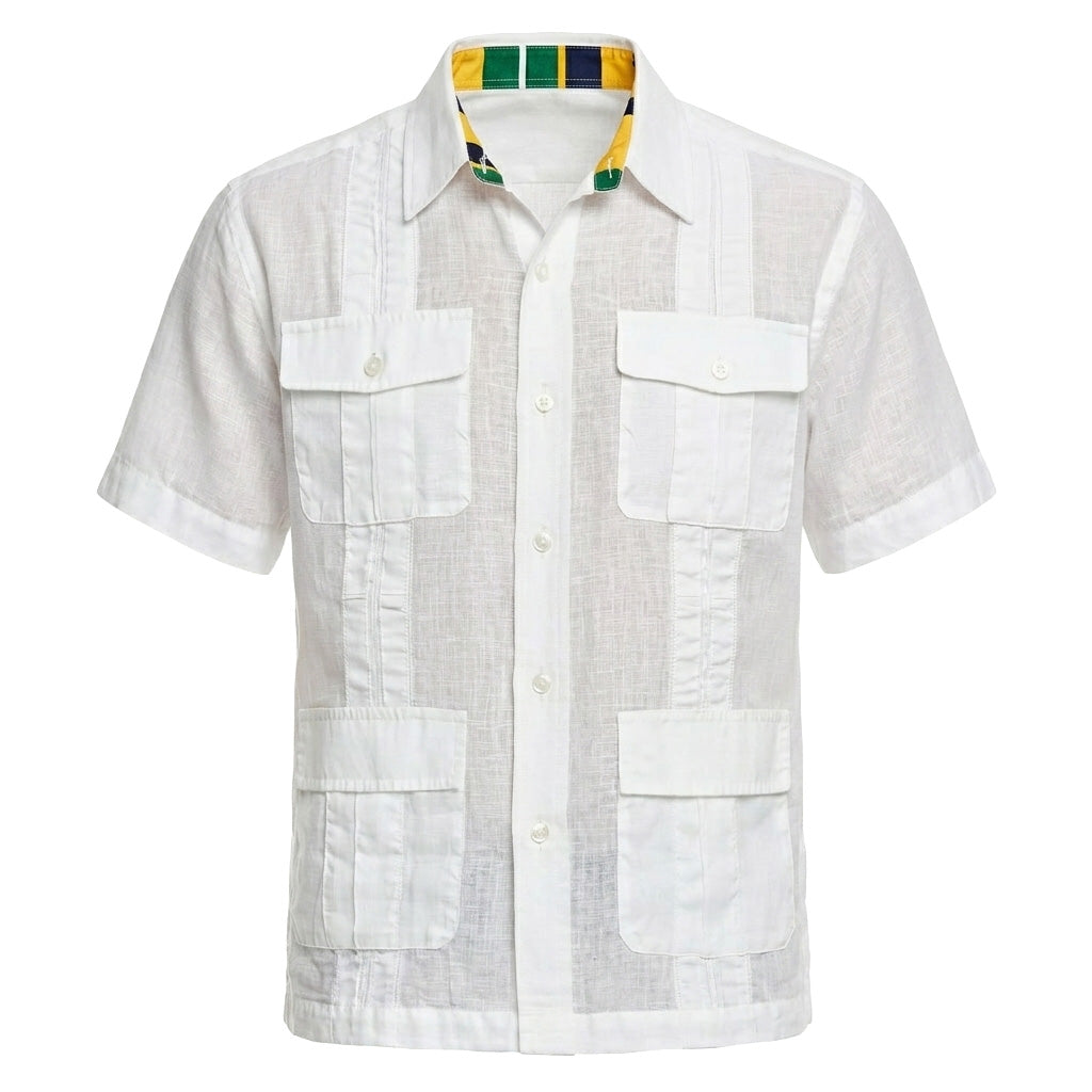 White Linen Summer Shirt with Plaid Collar