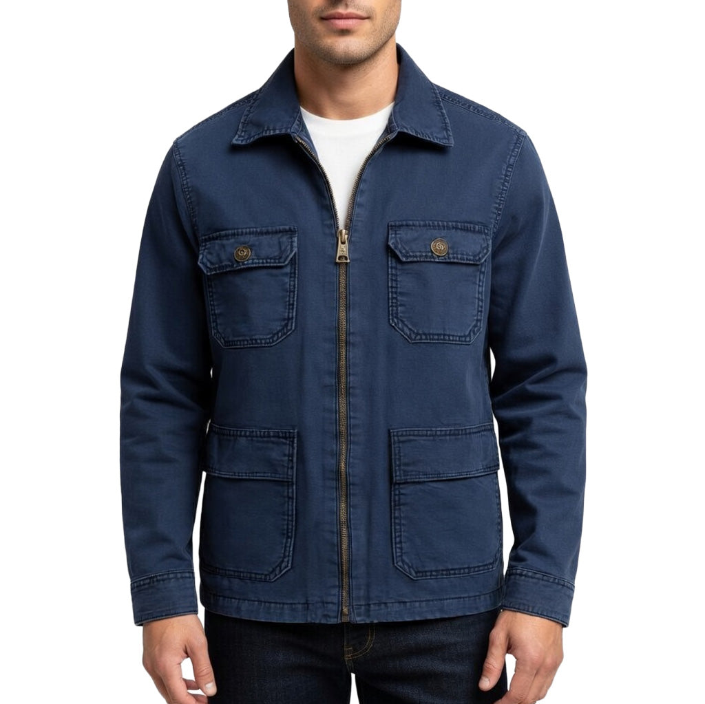 Men's Navy Cotton Utility Jacket - Zip Front Workwear Field Coat