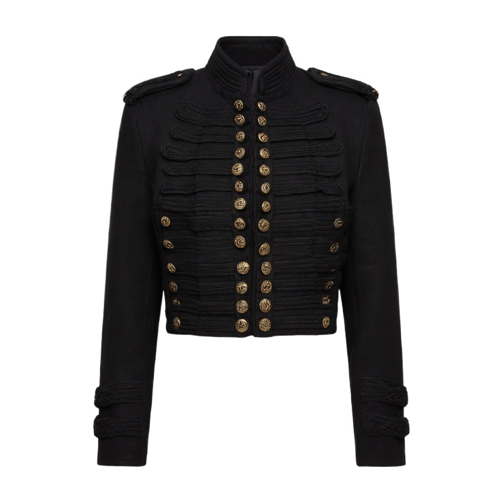 Women's Black Cropped Napoleon Military Jacket - High Stand Collar Layered Braided Trim Gold Buttons Short Blazer