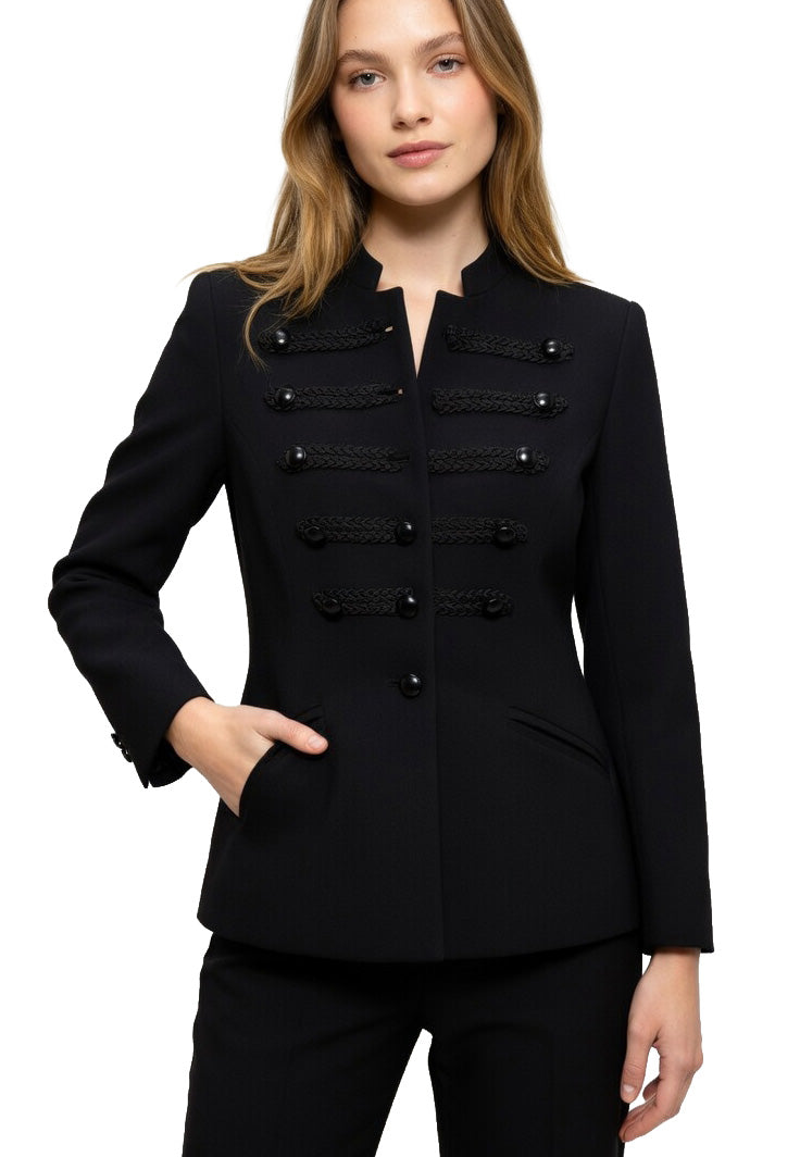 Women's Black Double Breasted Military Blazer Jacket - Braided Trim Stand Collar Structured Blazer