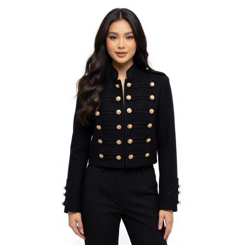 Black Cropped Napoleon Jacket for Women – Military Style Blazer with Gold Buttons & Ruffled Front