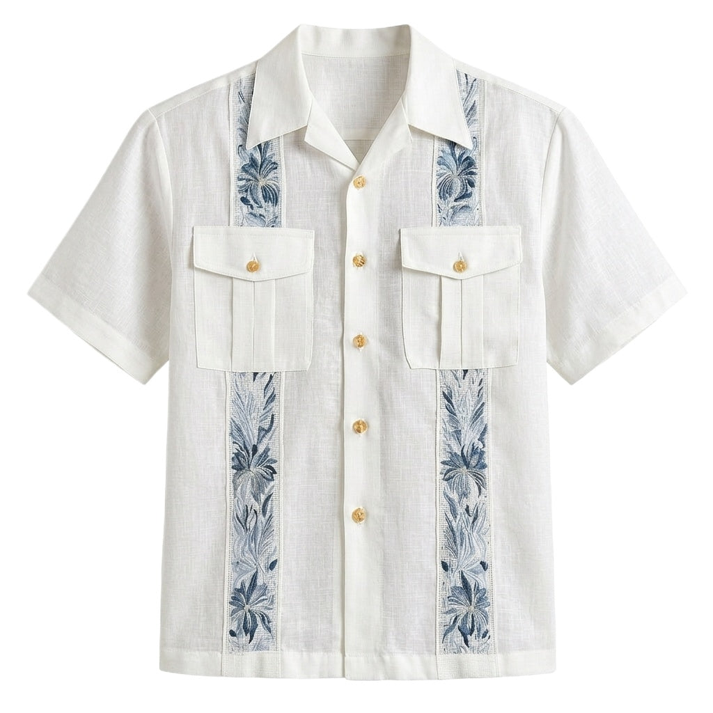 100% Linen Floral Embroidered Guayabera Shirt