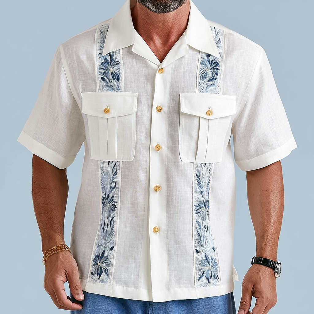 100% Linen Floral Embroidered Guayabera Shirt