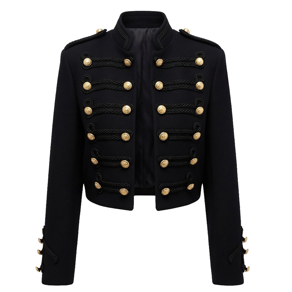 Black Cropped Napoleon Jacket for Women – Military Style Blazer with Gold Buttons & Ruffled Front