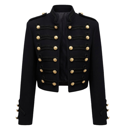 Black Cropped Napoleon Jacket for Women – Military Style Blazer with Gold Buttons & Ruffled Front