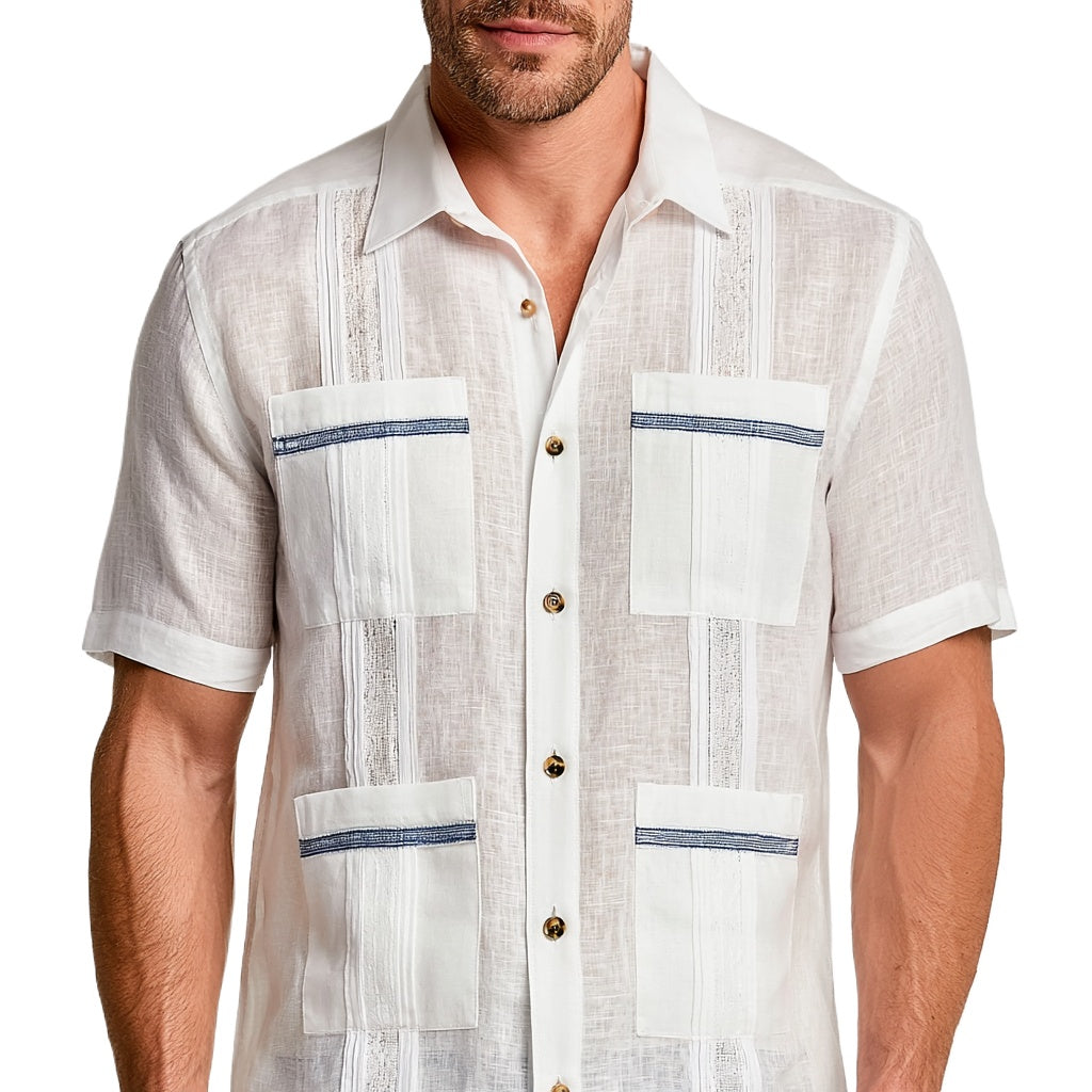 Men’s 100% Linen White Guayabera Shirt with Navy Trim