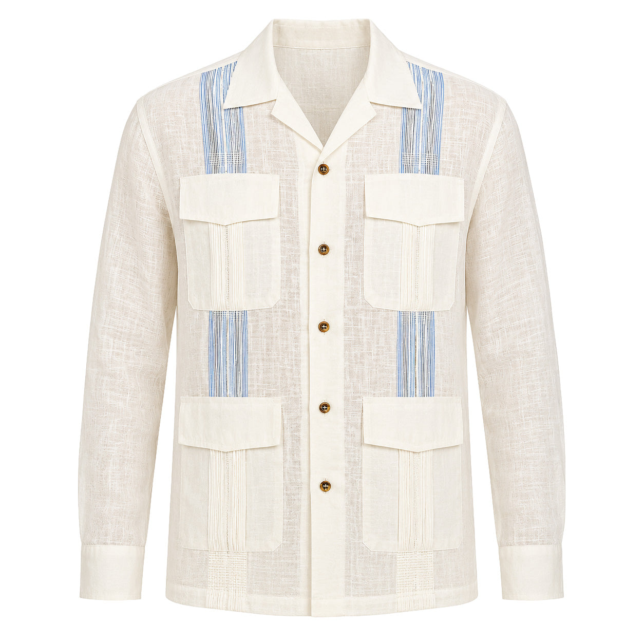 Ivory Linen Guayabera Shirt with Blue Stripes