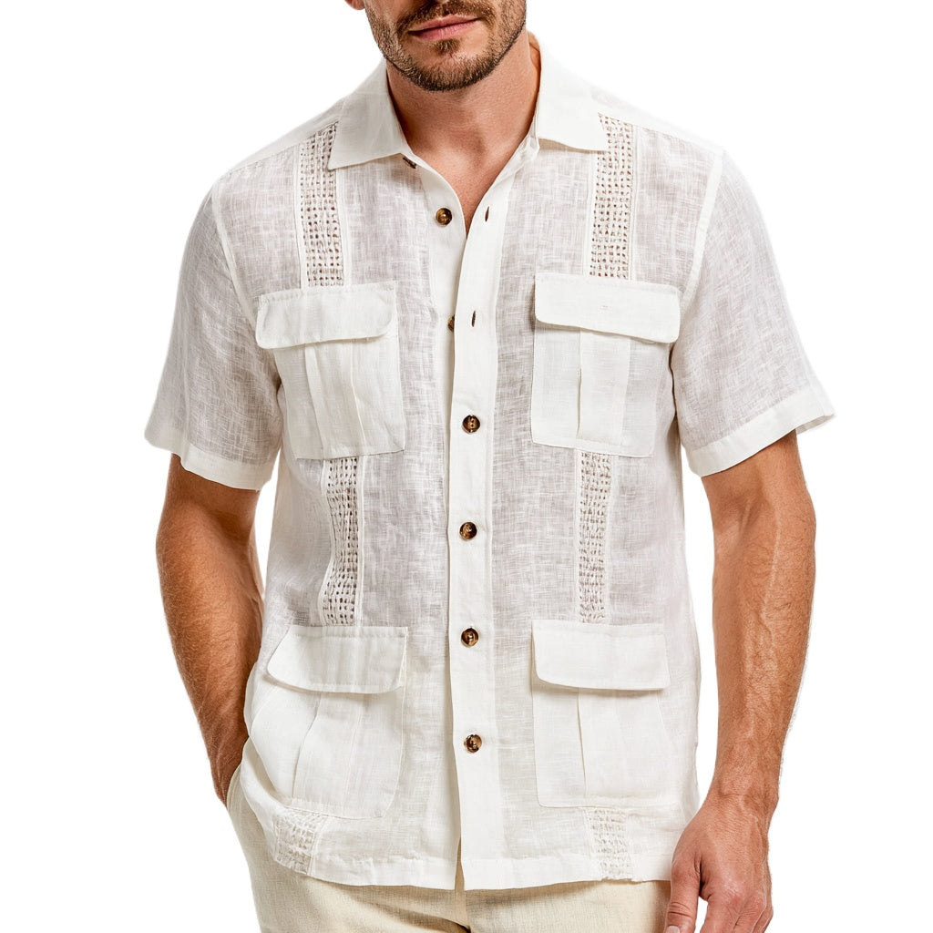 White Linen Guayabera Shirt with Natural Trim