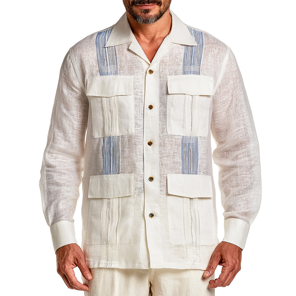 Ivory Linen Guayabera Shirt with Blue Stripes