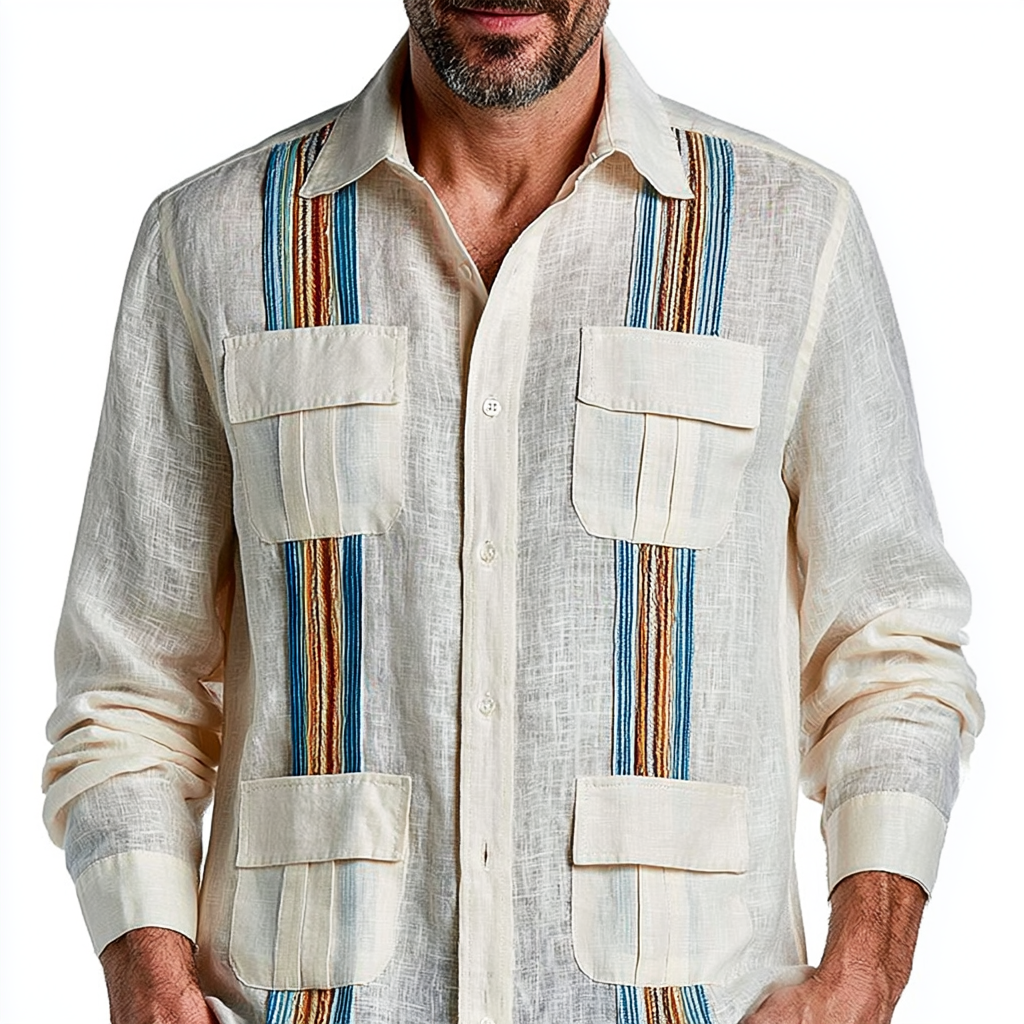 Men’s 100% Linen Multi-Stripe Guayabera Shirt