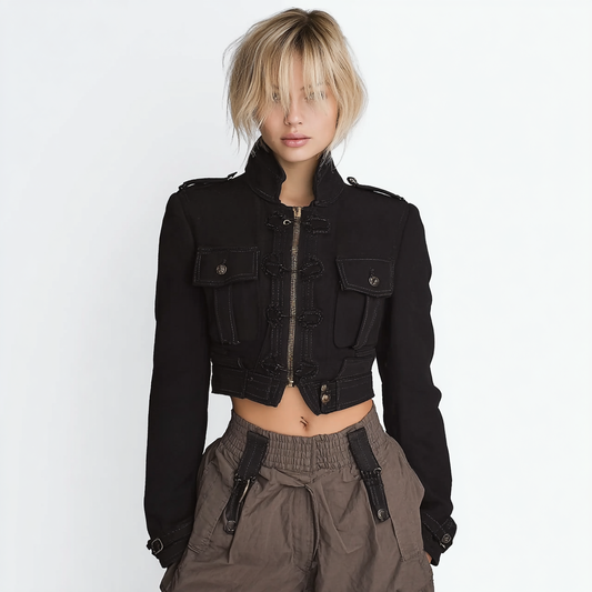 Women's Vintage Black Cropped Napoleon Military Jacket - Stand Collar Ruffled Front Zip Up Utility Blazer with Pockets