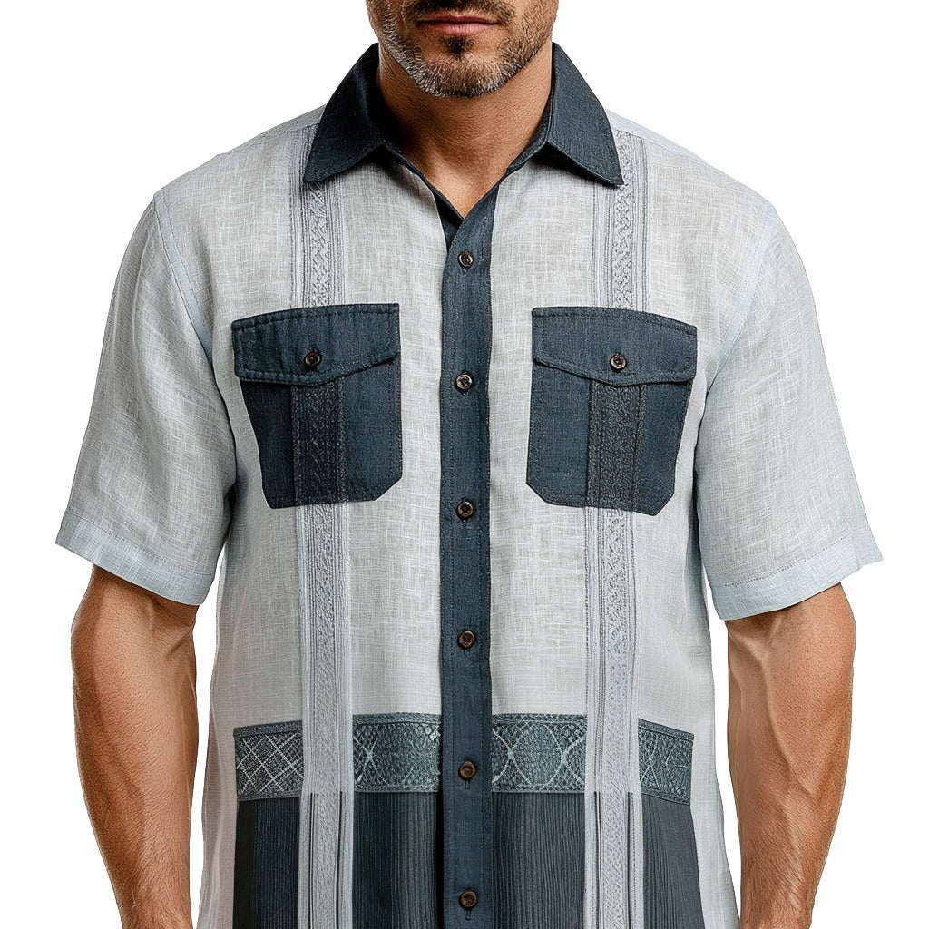 Two-Tone Border Linen Guayabera Shirt