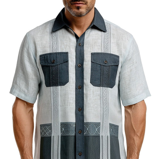 Two-Tone Border Linen Guayabera Shirt