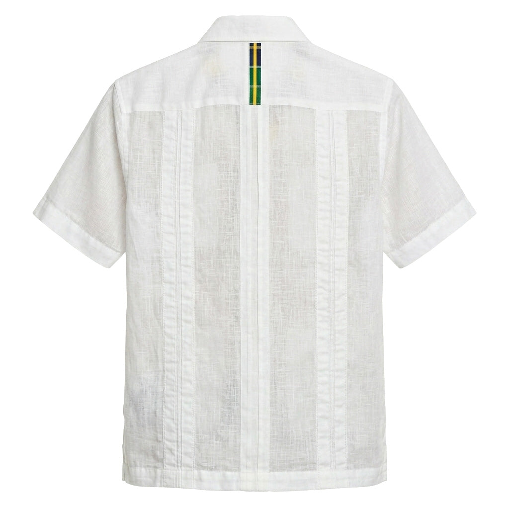 White Linen Summer Shirt with Plaid Collar