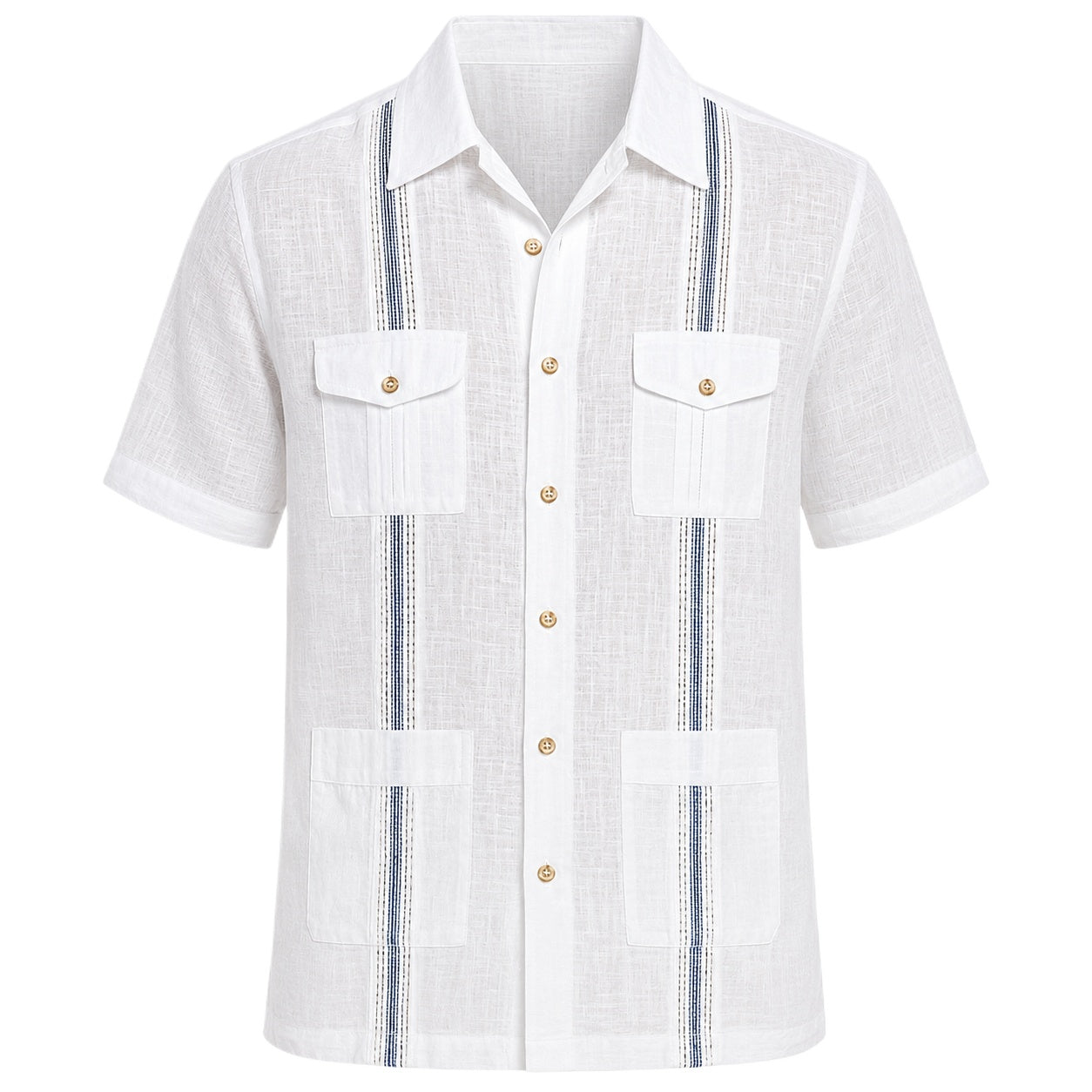 Linen White Guayabera Shirt with Navy Stripe Panels